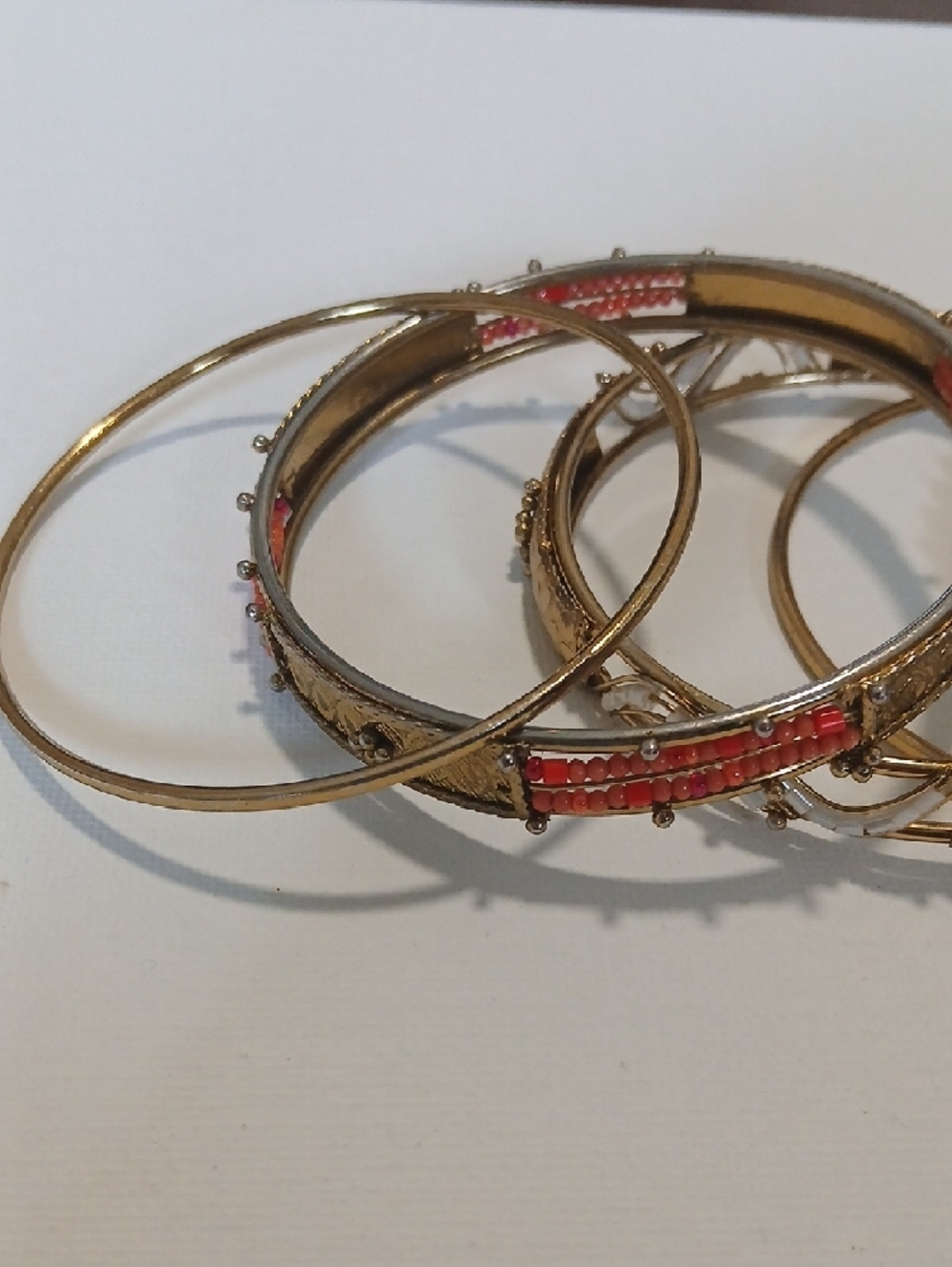 Boho Festival Gold-Tone Women's Bangle Bracelet Set with Coral & White Accents - Picture 5 of 16